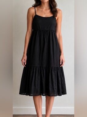 J. Crew Black Tiered Eyelet Midi Lined Dress Cute Lightweight Floral Size Medium